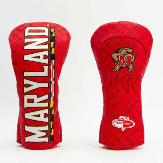Two red golf club head covers with 'Maryland' branding on a white background