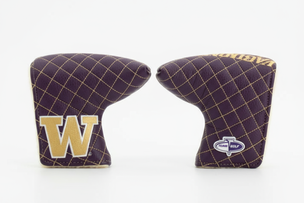 Two purple golf club covers with 'W' logo on a white background