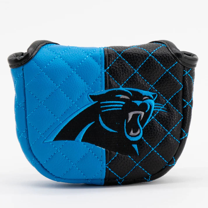 Blue and black quilted golf club head cover with panther logo on a white background