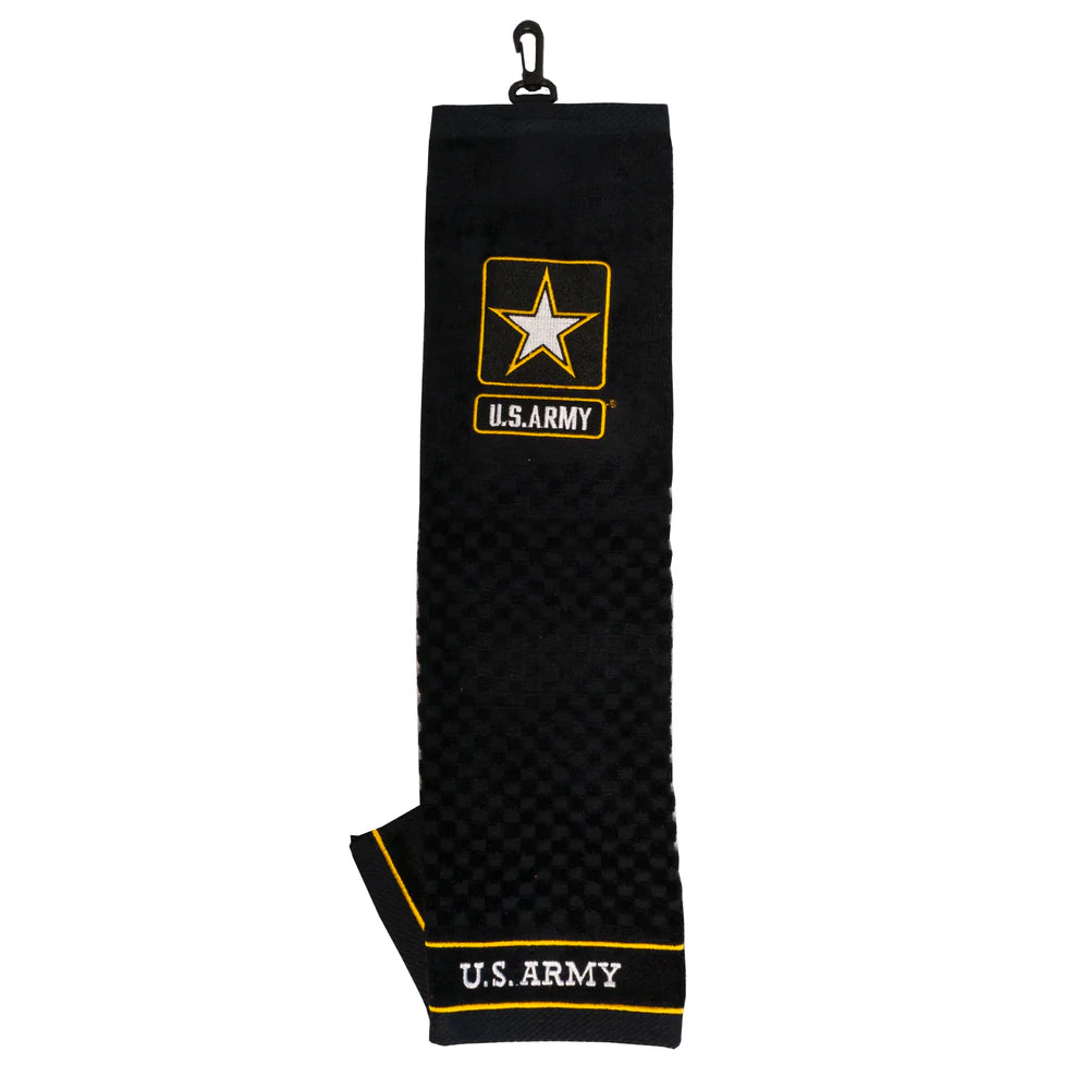 Black U.S. Army embroidered golf towel with yellow star logo, waffle texture and swivel hook at top against white background