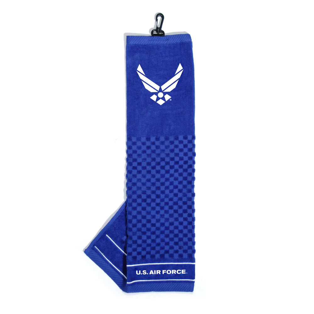 Blue U.S. Air Force embroidered golf towel with white wings logo, waffle texture and swivel hook at top against white background