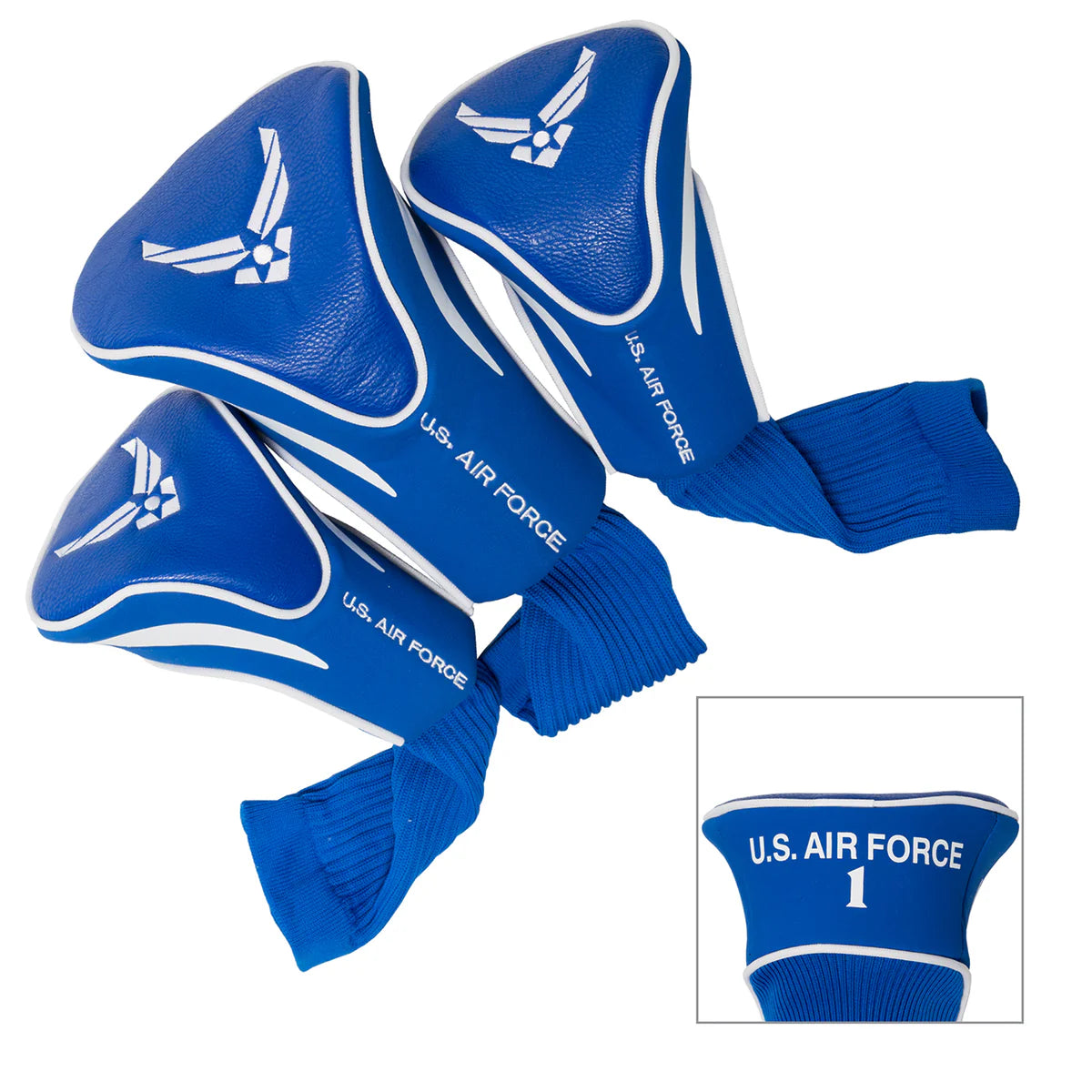 Set of three blue U.S. Air Force embroidered golf headcovers with white wings logo and number tags on white background