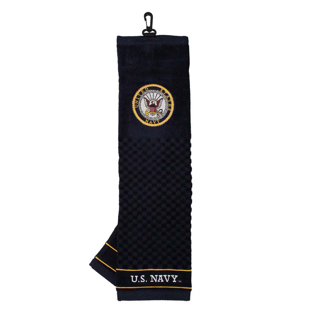 Black U.S. Navy embroidered golf towel with gold anchor logo, waffle texture and swivel hook at top against white background