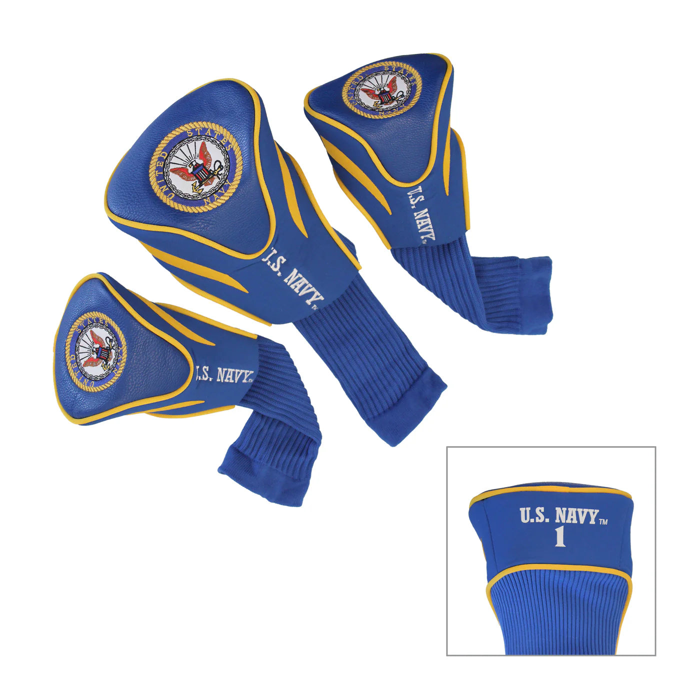 Set of three blue U.S. Navy embroidered golf headcovers with gold trim and crest logo, including driver and fairway covers, on white background