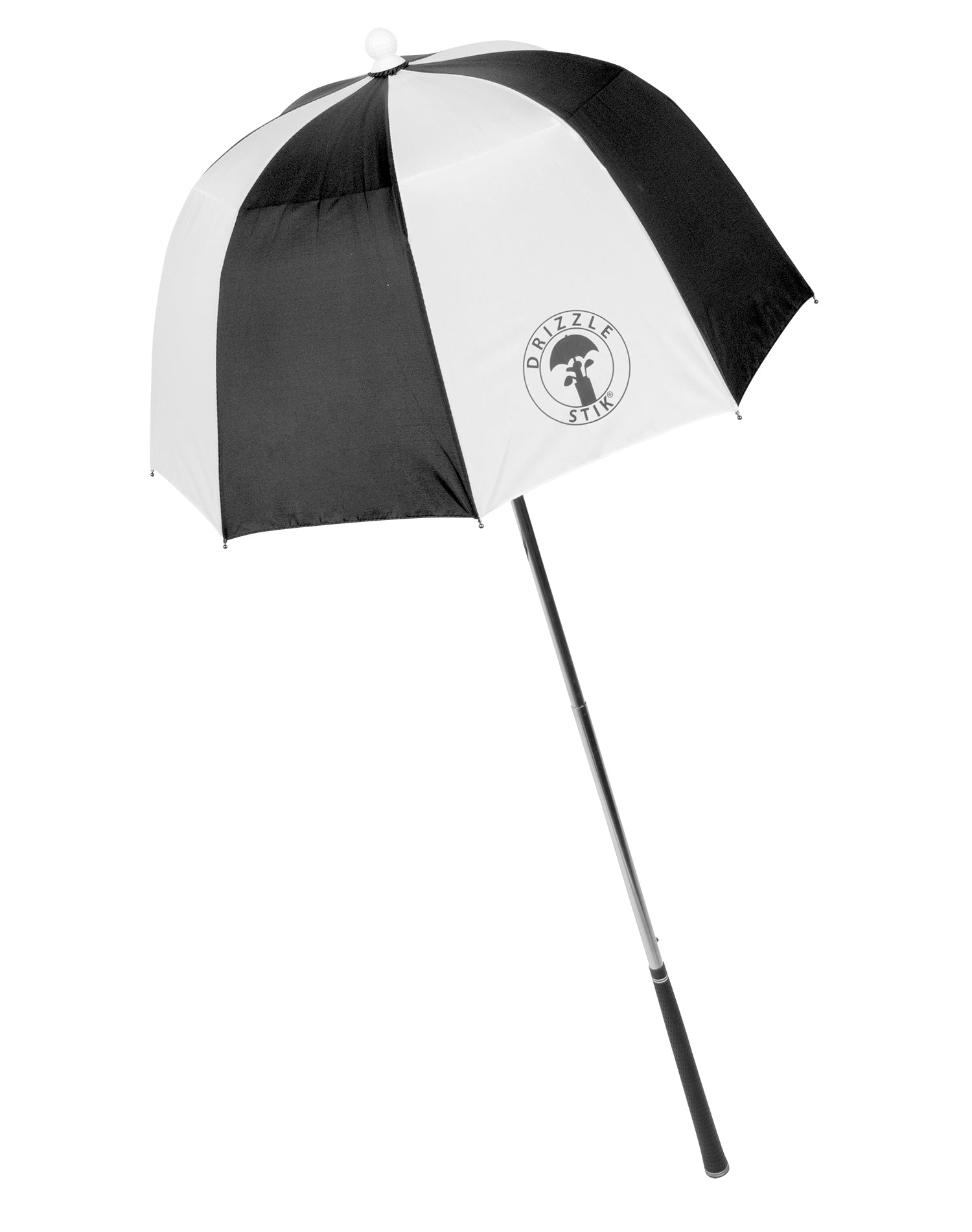 A black and white umbrella with a flexible spring top and a telescoping shaft, designed for golf club protection.
