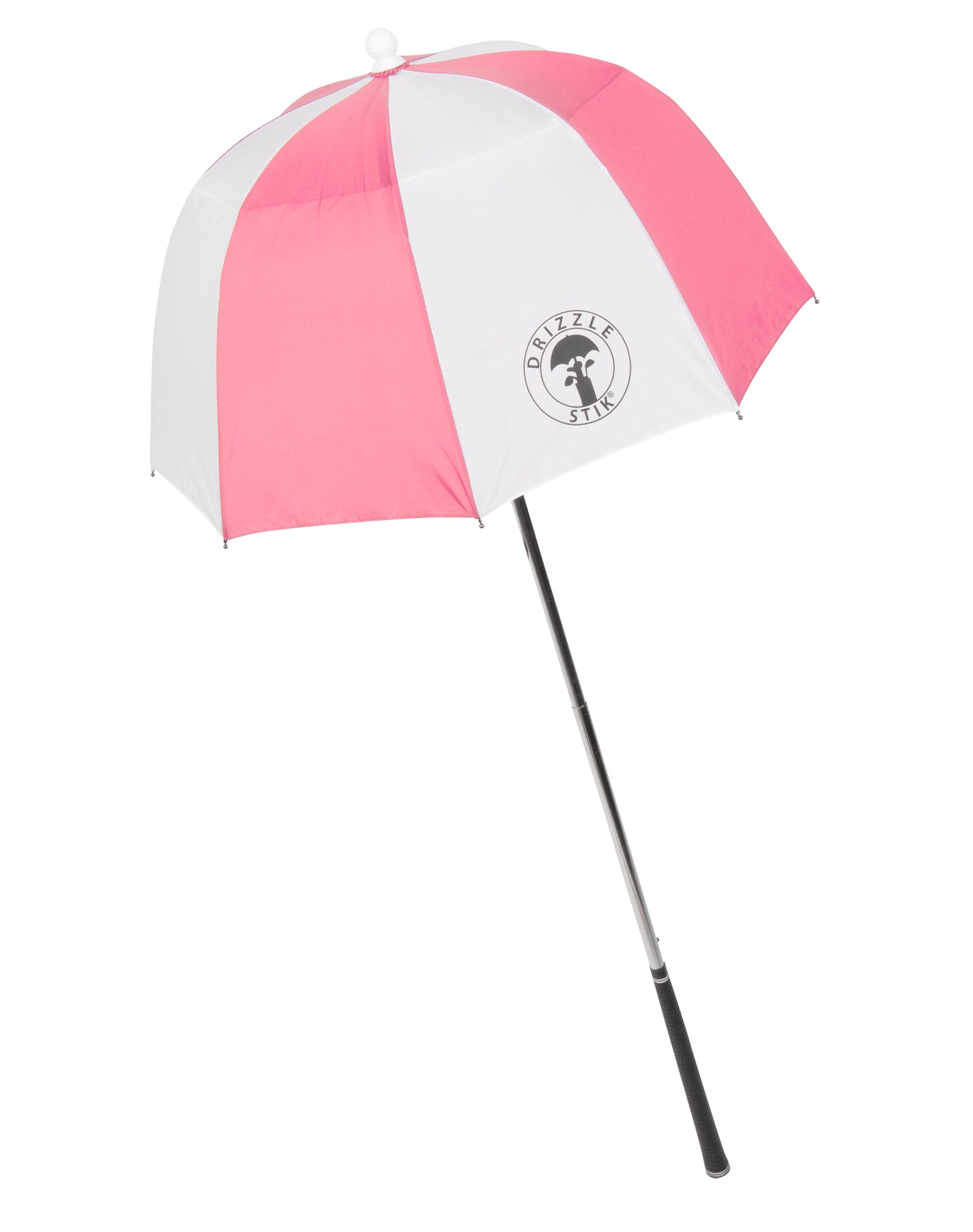 A pink and white striped golf umbrella with a black shaft and a logo on the canopy.