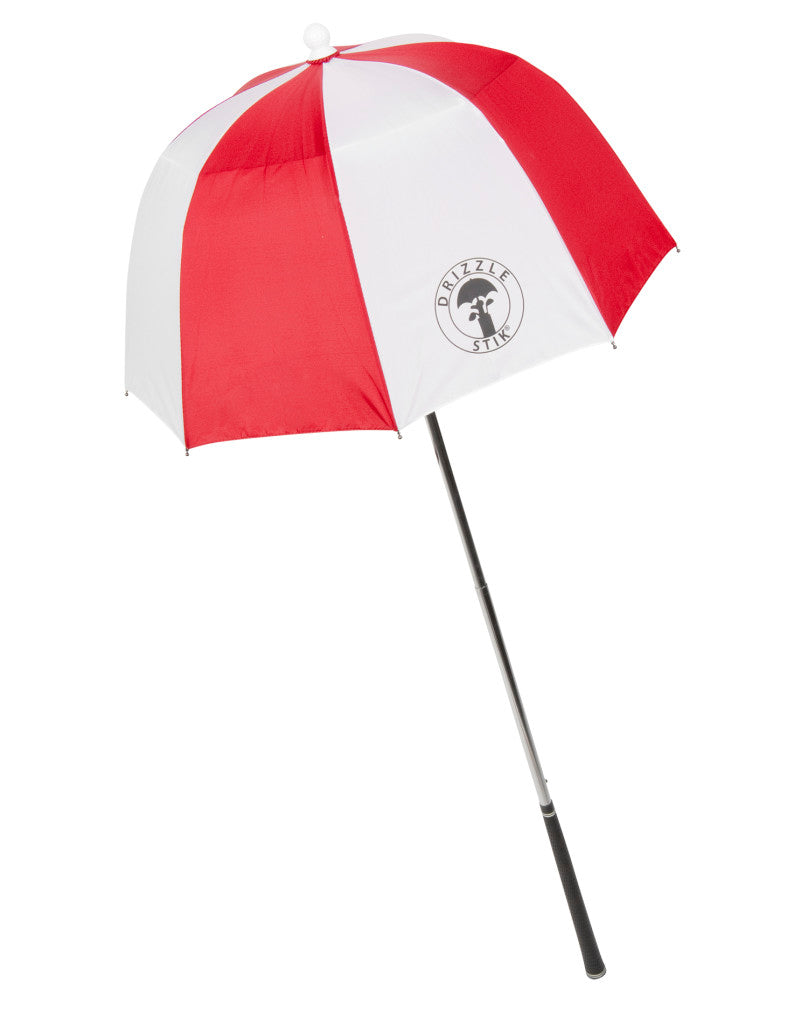 A red and white golf umbrella with a flexible spring top and a black shaft.