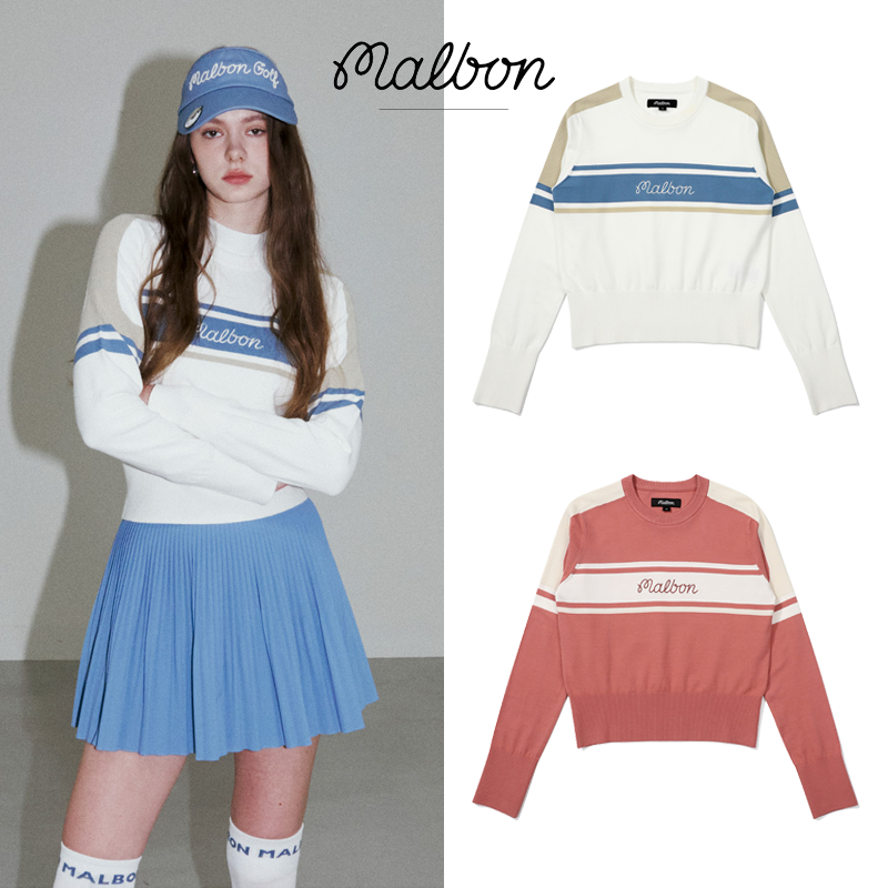 A collage of three images featuring a female model wearing a color-block knit sweater in different color combinations. The sweater has a round neckline and is cropped in style, with the brand 'MALBON' embroidered on the chest.
