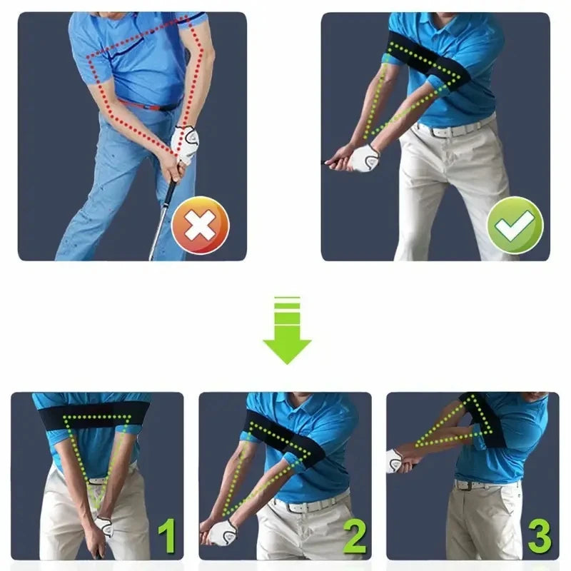 Comparison graphic showing incorrect and correct golf swing posture using an elastic arm band, with a red X for wrong technique and green check mark for correct, plus three-step images below illustrating proper arm alignment.