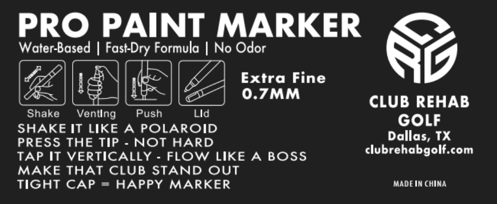 Label for Supercart88 Golf pro paint marker with text and icons on a black background