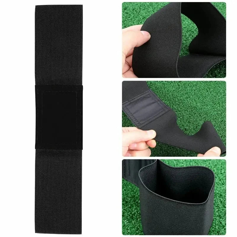 Collage showing black elastic golf swing trainer arm band: full length view and close-up shots of the soft elastic material, Velcro closure, and open loop.
