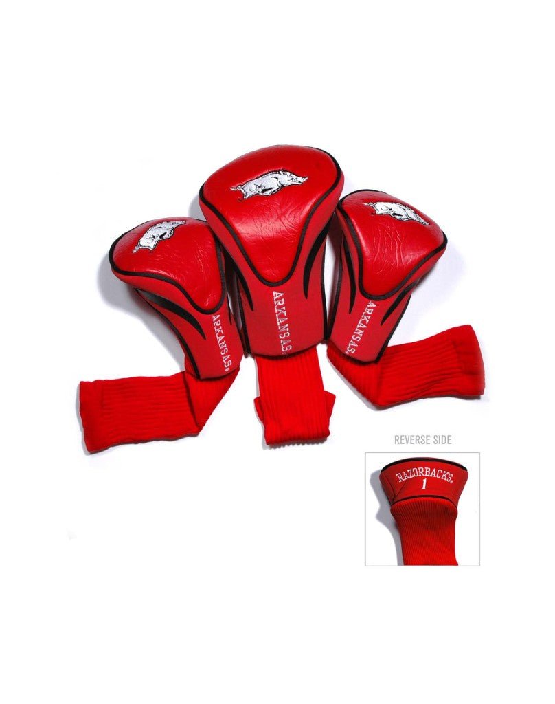 Red NCAA Arkansas Razorbacks golf headcover set with white hog logo, includes driver and fairway covers with long red socks on white background