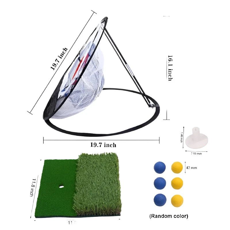 SwingFling Golf Practice Set - Supercart88 - Chipping NetA detailed golf training set featuring a side view of a black circular chipping net with three target pockets, labeled "Chipping Net," measuring 19.7 inches in diameter and 16.1 inches in height. The set includes a dual turf hitting mat (11.8 x 11.8 inches) with fairway and rough surfaces, a white rubber tee, and six foam training balls (random colors: blue and yellow). Perfect for enhancing swing and chipping skills, this set is ideal for 