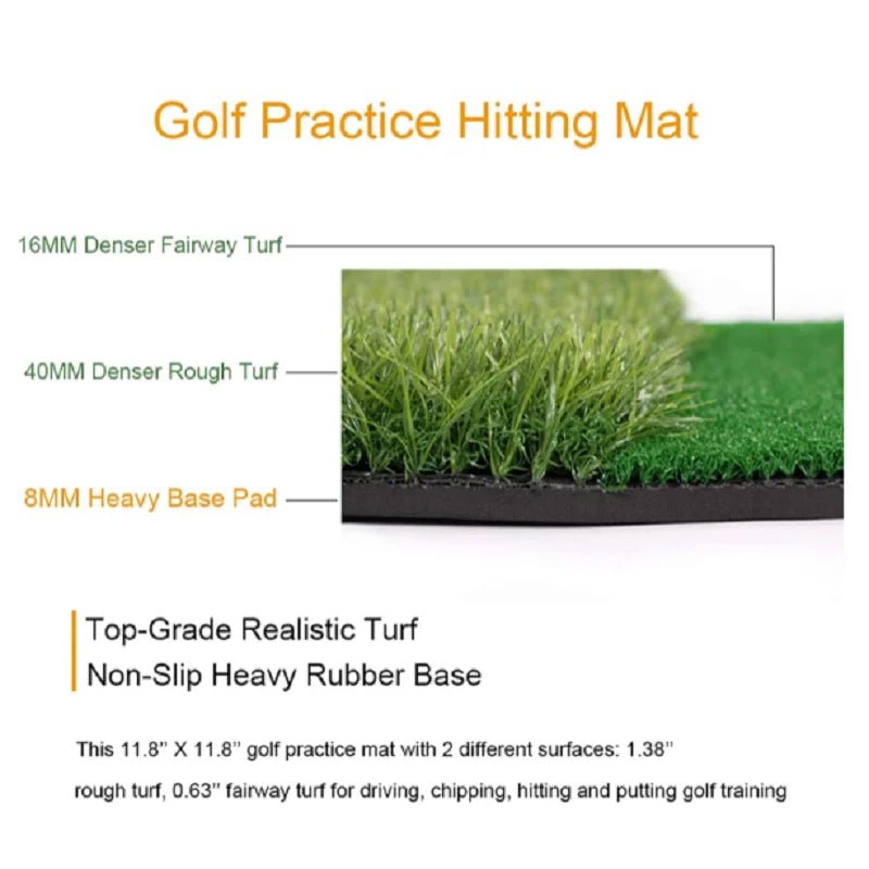 SwingFling Golf Practice Set - Supercart88 - Chipping NetA close - up image of a golf practice hitting mat, showcasing its three layers: 16mm denser fairway turf, 40mm denser rough turf, and an 8mm heavy rubber base pad. The mat measures 11.8” x 11.8” and features two distinct surfaces for realistic practice, suitable for driving, chipping, hitting, and putting. The top - grade realistic turf and non - slip heavy rubber base provide a durable and stable practice area, replicating fairway and roug