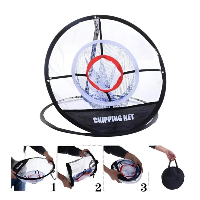 SwingFling Golf Practice Set - Supercart88 - Chipping NetA detailed image of a golf chipping net with three target pockets, labeled "Chipping Net," designed for improving swing and chipping accuracy. Below the net, three smaller images illustrate the net's easy folding process: collapsing the net, folding it into a compact size, and carrying it with a convenient handle. The net is perfect for practice sessions in various settings such as the backyard, park, garage, or basement, and includes a por