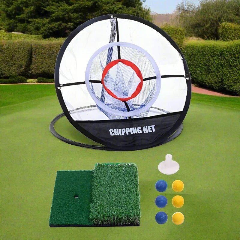 SwingFling Golf Practice Set - Supercart88 - Chipping NetA comprehensive golf training set featuring a black circular chipping net with three target pockets, a dual turf hitting mat simulating fairway and rough conditions, a rubber tee, and six foam training balls in blue and yellow. The net is labeled "Chipping Net" and is designed for enhancing swing and chipping skills, perfect for practice sessions in various settings such as the backyard, park, garage, or basement.