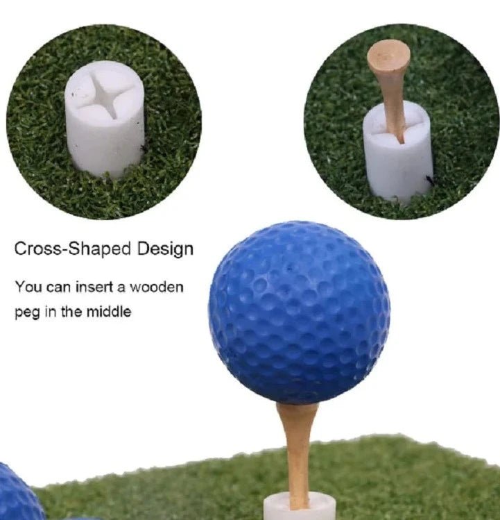 SwingFling Golf Practice Set - Supercart88 - Chipping NetA close - up image of a golf practice setup featuring a cross - shaped rubber tee holder on a turf mat. The rubber tee has a slot designed to hold a wooden tee in the center. In one inset image, the rubber tee holder is shown without a wooden tee, and in another inset, it is shown with a wooden tee inserted. The main image shows a blue foam golf ball placed on the wooden tee, highlighting the versatility and stability of the design for effe