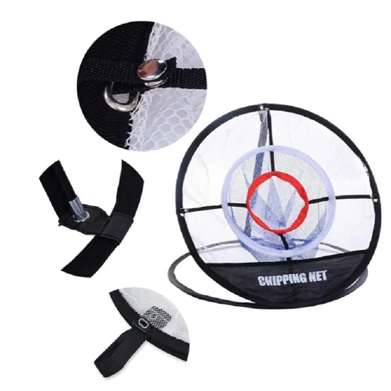SwingFling Golf Practice Set - Supercart88 - Chipping NetA detailed image of a golf chipping net with three target pockets, labeled "Chipping Net." The image includes close - up insets showing the net's durable construction: a reinforced metal frame, secure net attachment with metal grommets, and sturdy fabric straps. The main image displays the full setup of the chipping net, highlighting its design for improving swing and chipping accuracy. This set is ideal for practice in various settings suc
