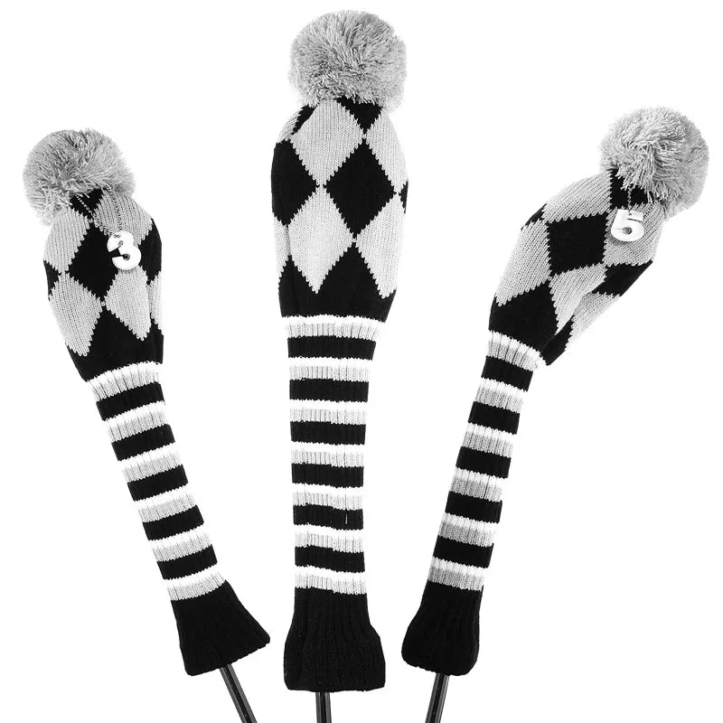 Vintage Vibe Golf Club Headcovers Set – 3pcs Knitted Pom Pom Sock Covers for Drivers and Fairway Woods - Supercart88 - HeadcoverMonochrome Magic45134537031872