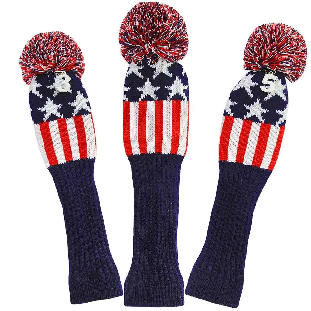 Vintage Vibe Golf Club Headcovers Set – 3pcs Knitted Pom Pom Sock Covers for Drivers and Fairway Woods - Supercart88 - HeadcoverBaby Blue Argyle SwaggerSet of three colorful knitted pom pom sock covers for golf clubs, including covers for driver and fairway woods.