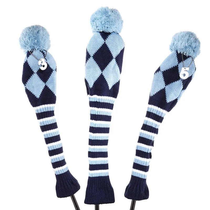 Vintage Vibe Golf Club Headcovers Set – 3pcs Knitted Pom Pom Sock Covers for Drivers and Fairway Woods - Supercart88 - HeadcoverBaby Blue Argyle Swagger45134536605888