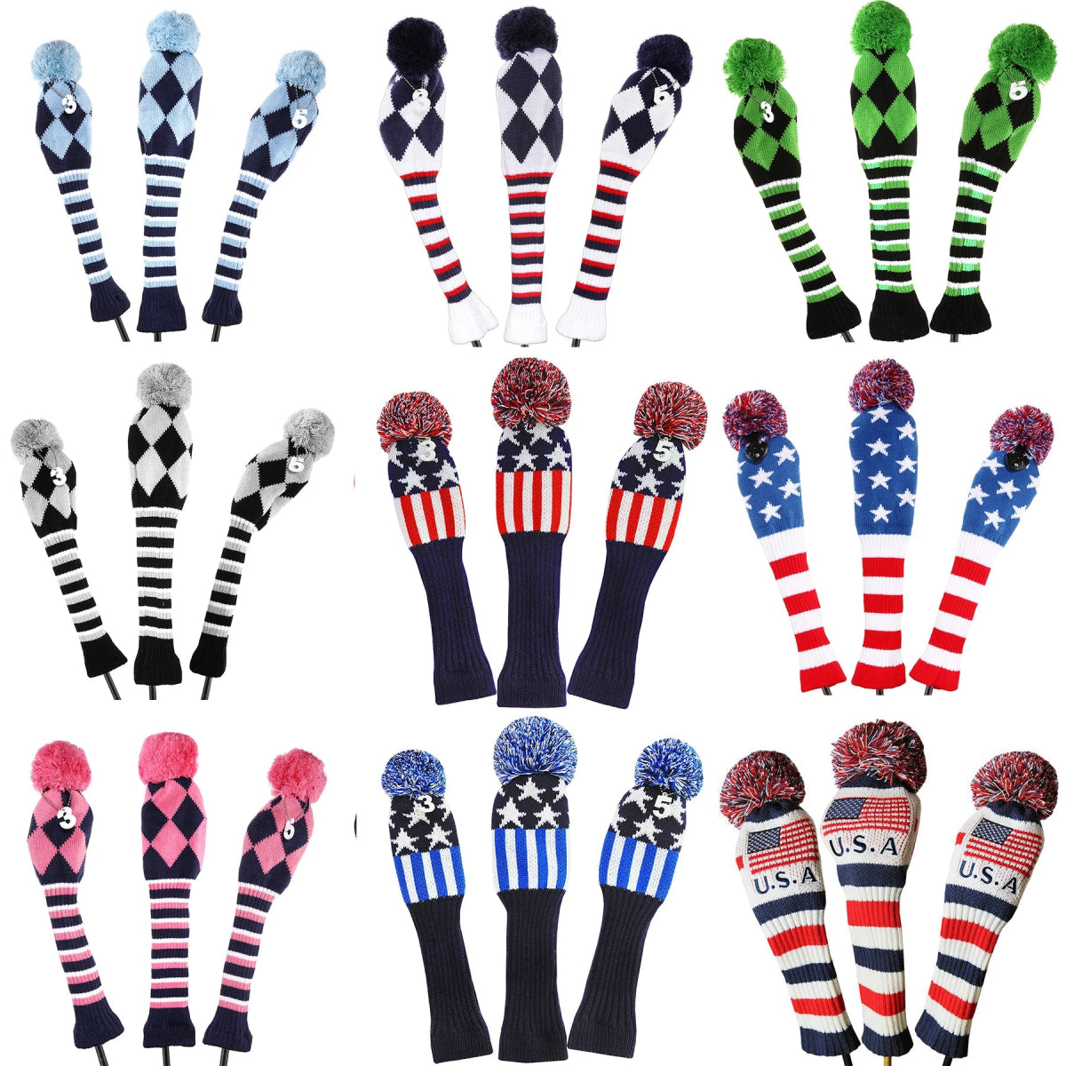 Vintage Vibe Golf Club Headcovers Set – 3pcs Knitted Pom Pom Sock Covers for Drivers and Fairway Woods - Supercart88 - HeadcoverBaby Blue Argyle SwaggerThree knitted pom pom sock covers in various colors, designed for golf drivers and fairway woods, displayed on a white background.
