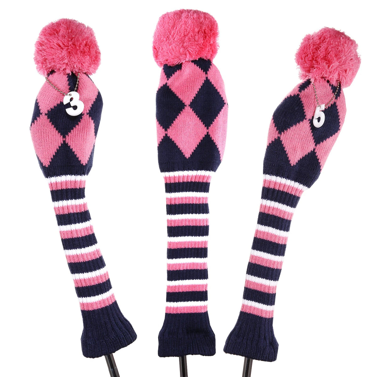 Vintage Vibe Golf Club Headcovers Set – 3pcs Knitted Pom Pom Sock Covers for Drivers and Fairway Woods - Supercart88 - HeadcoverBaby Blue Argyle SwaggerGolf club headcovers with pom poms in multiple colors, providing both style and protection for your clubs.