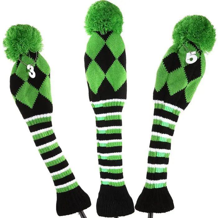 Vintage Vibe Golf Club Headcovers Set – 3pcs Knitted Pom Pom Sock Covers for Drivers and Fairway Woods - Supercart88 - HeadcoverGreen Goblin Argyle45134536933568