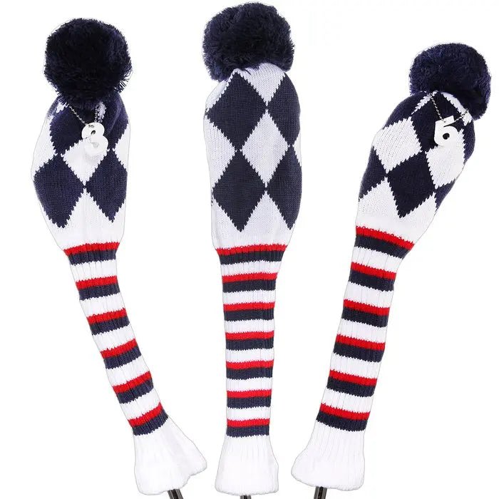Vintage Vibe Golf Club Headcovers Set – 3pcs Knitted Pom Pom Sock Covers for Drivers and Fairway Woods - Supercart88 - HeadcoverPatriotic Plaid45134536868032